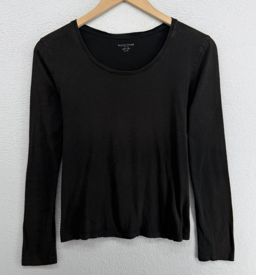 EILEEN FISHER Top PM Slub Organic Cotton Jersey Scoop Neck Long Sleeve Black